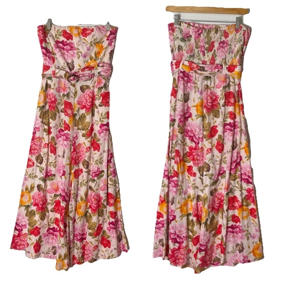 VENUS Pants - Nwot Venus Pink Floral Linen Belted Wide Leg Jumpsuit Size 10 Strapless Smocked